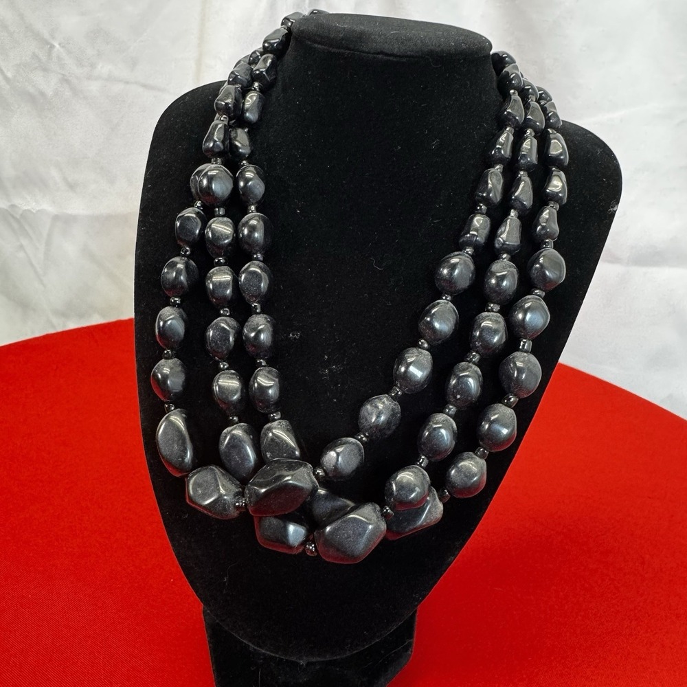 Three Strand Vintage Black Bead Necklace